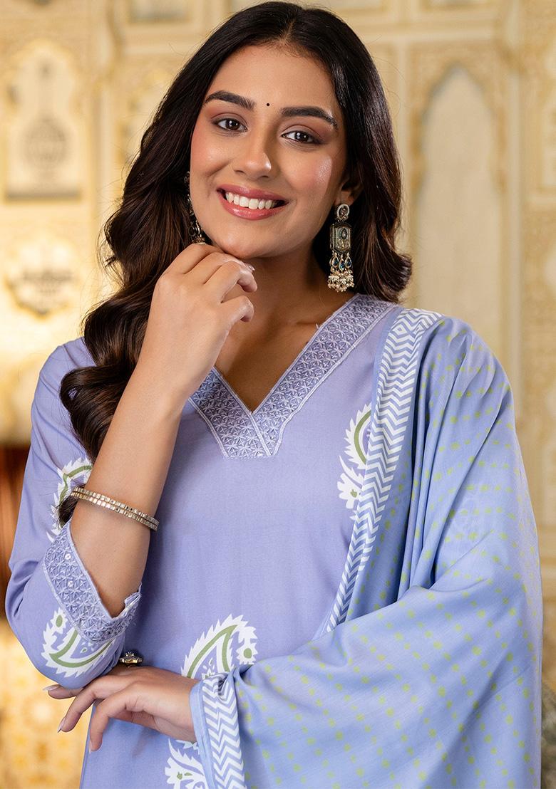 Light Purple Floral Print Rayon Kurta Set - Indya