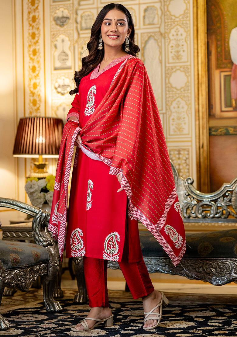 Red Floral Print Rayon Kurta Set - Indya