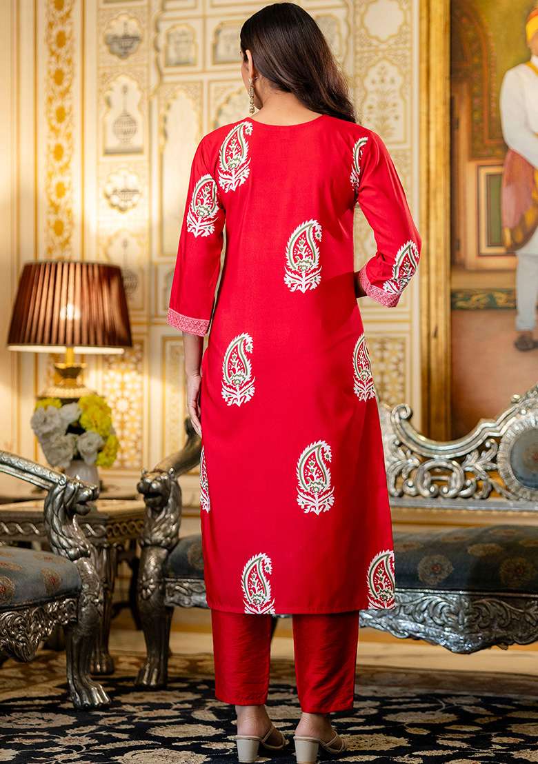 Red Printed Rayon Straight Kurta Set - Indya