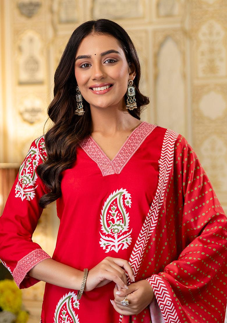 Red Floral Print Rayon Kurta Set - Indya