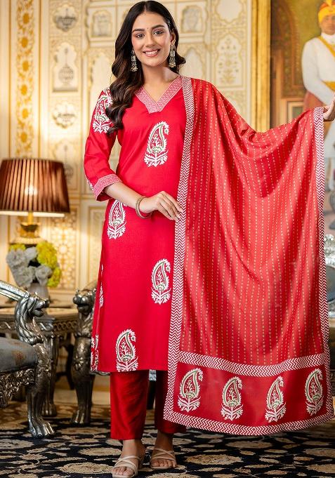 Red Floral Print Rayon Kurta Set