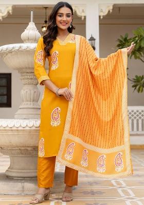 Yellow Floral Print Rayon Kurta Set