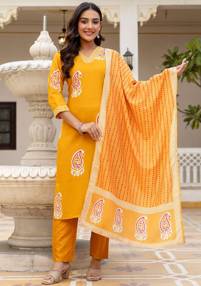 Yellow Printed Rayon Straight Kurta Set - Indya