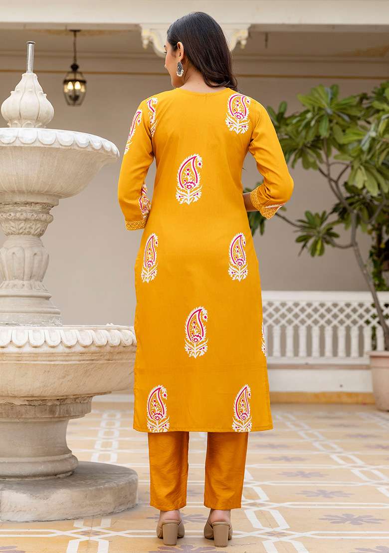 Yellow Printed Rayon Straight Kurta Set - Indya