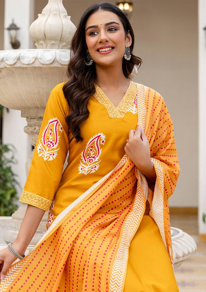 Yellow Floral Print Rayon Kurta Set - Indya