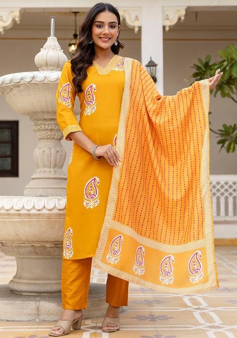 Yellow Floral Print Rayon Kurta Set