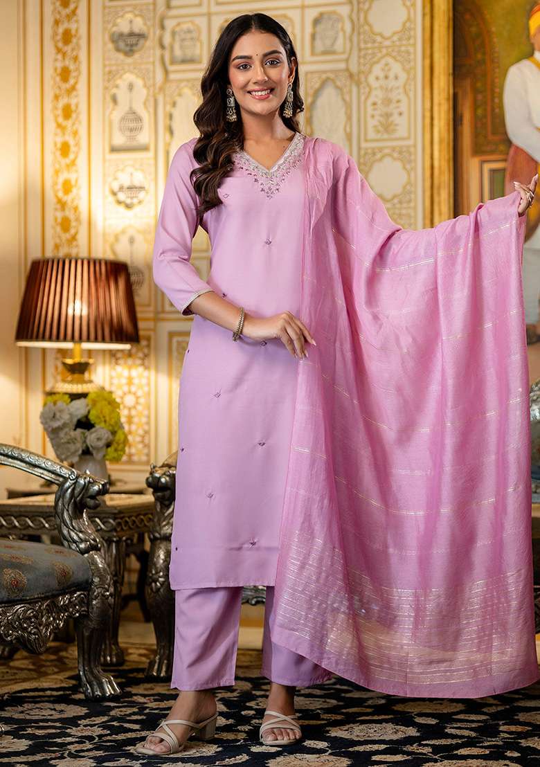 Pink Embroidered Viscose Straight Kurta Set - Indya