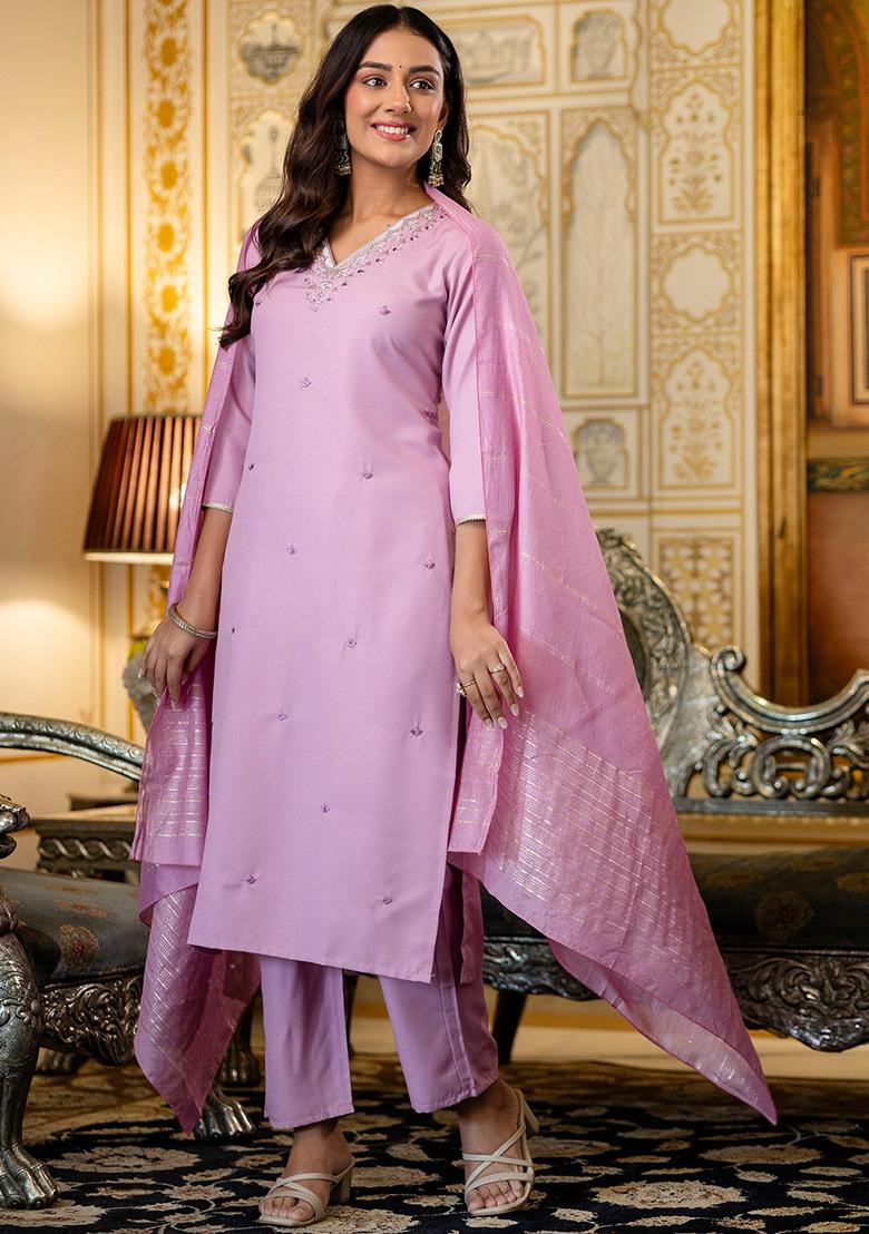 Pink Thread Work Viscose Kurta Set - Indya