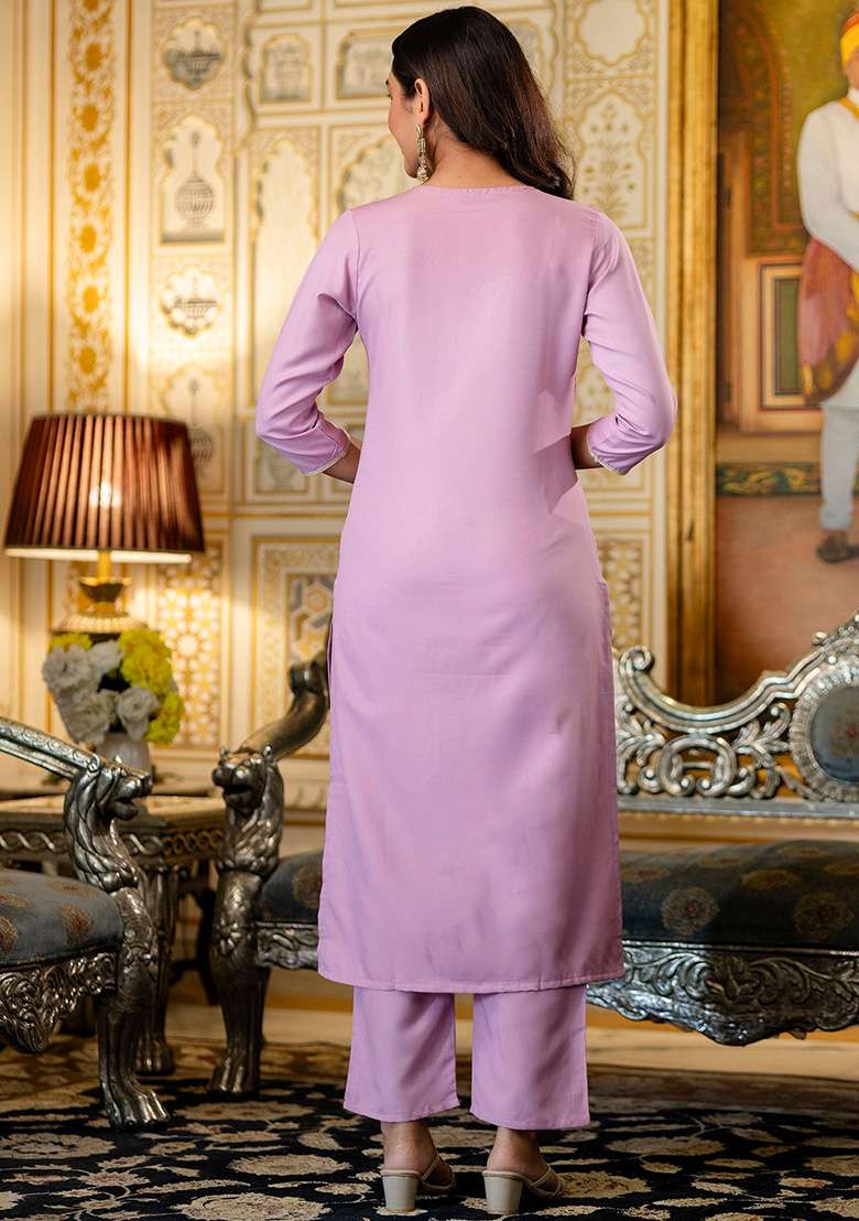 Pink Embroidered Viscose Straight Kurta Set - Indya
