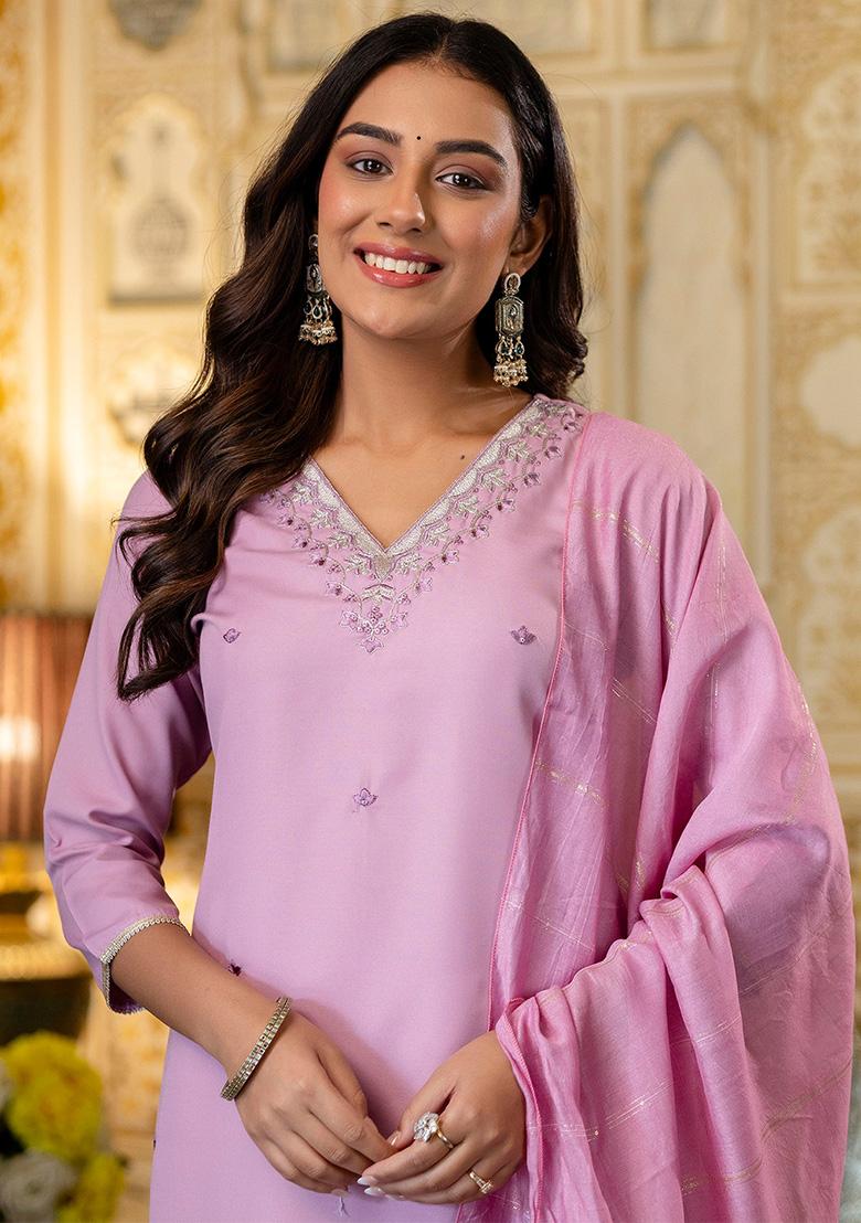 Pink Thread Work Viscose Kurta Set - Indya