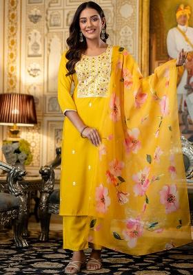 Mustard Thread Work Viscose Kurta Set