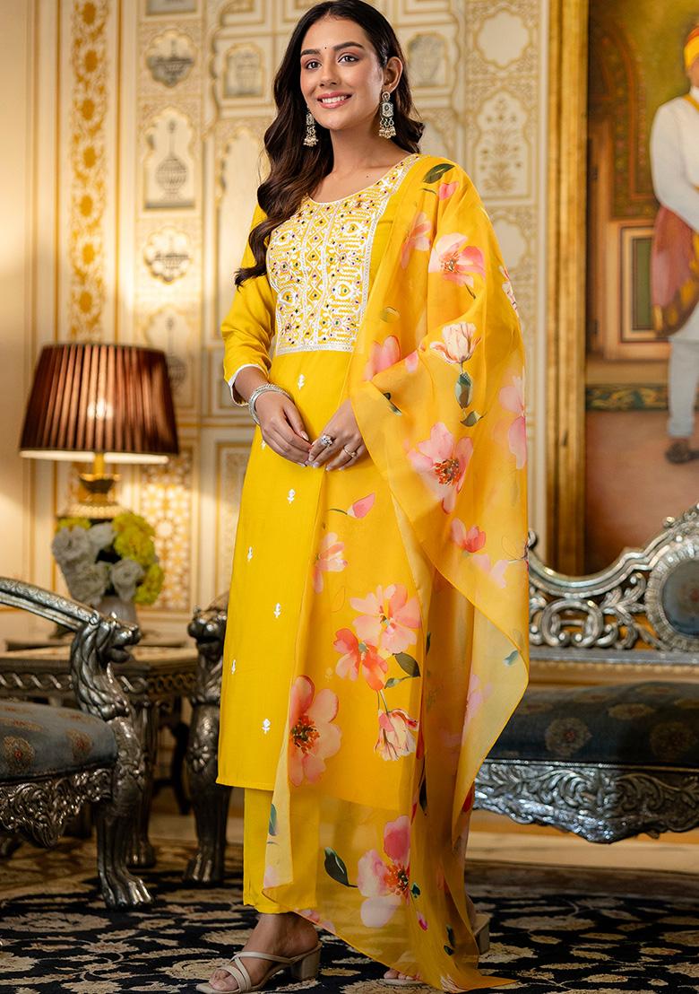 Mustard Thread Work Viscose Kurta Set - Indya