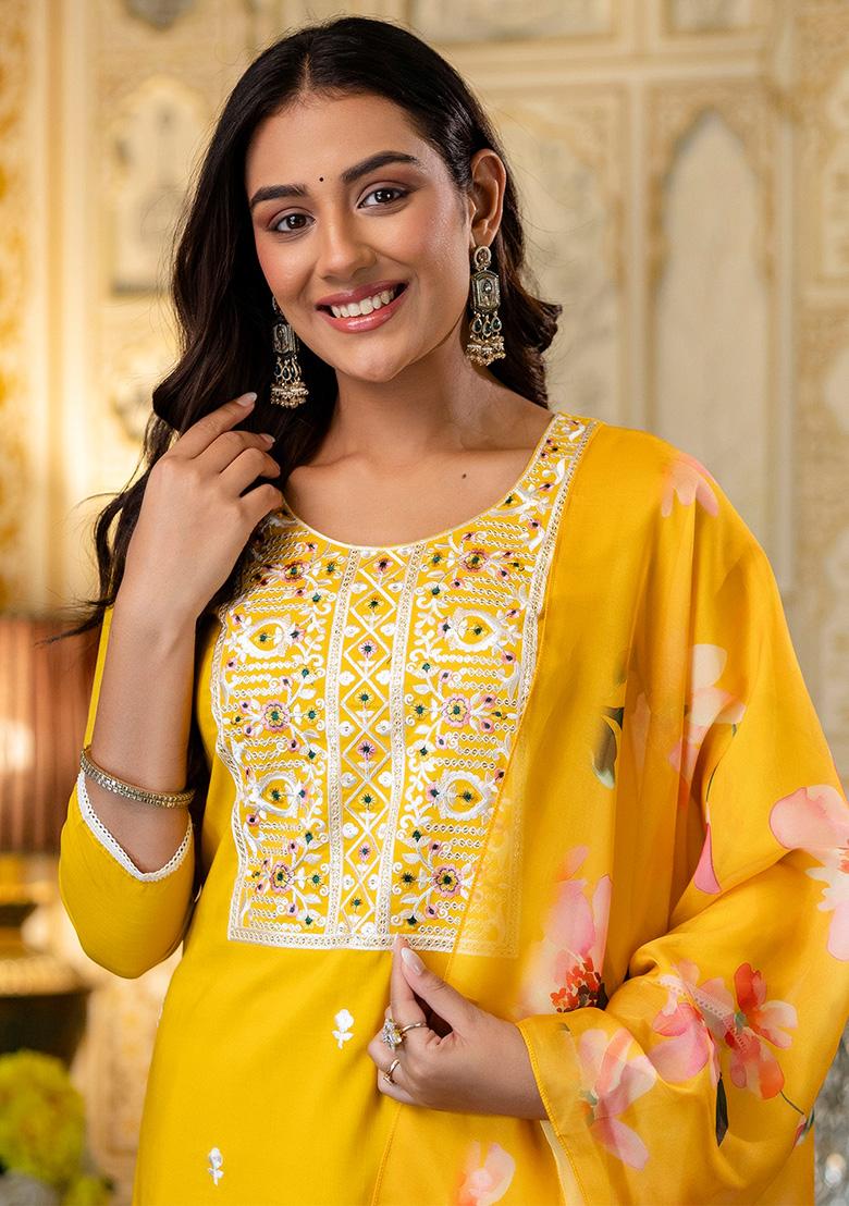 Mustard Thread Work Viscose Kurta Set - Indya