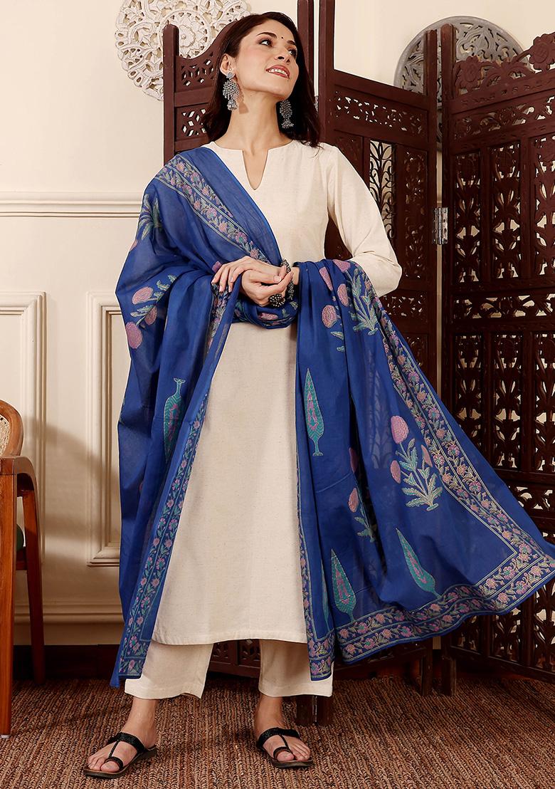 Cream Plain Silk Kurta Set - Indya