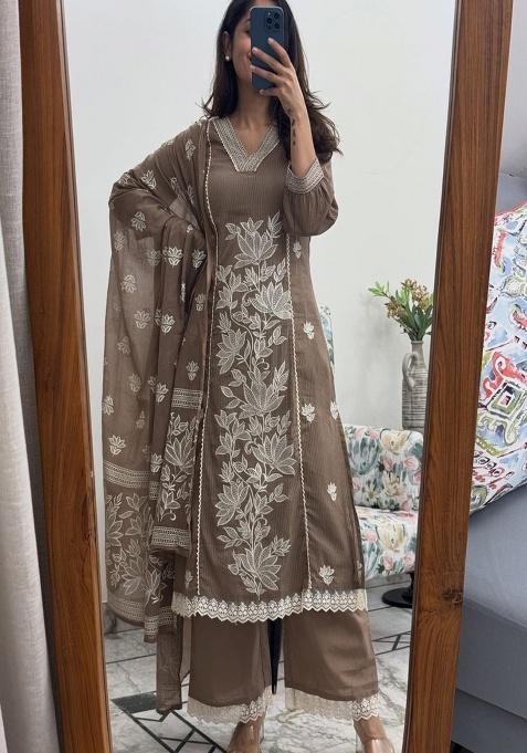 Brown Embroidery Cotton Kurta Set