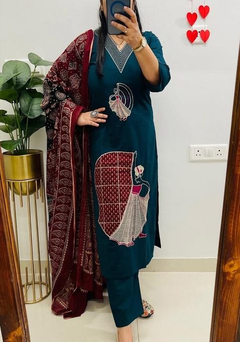 Blue Embroidery Cotton Kurta Set