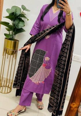 Purple Embroidery Cotton Kurta Set