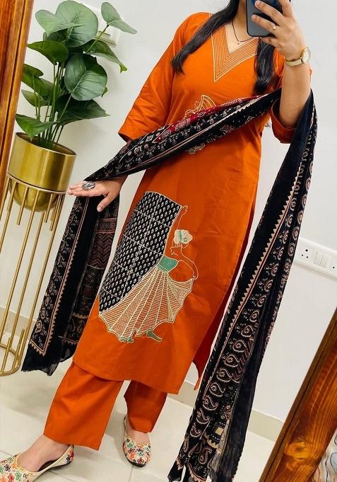 Orange Embroidery Cotton Kurta Set