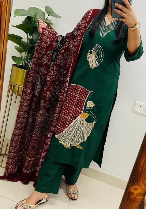 Green Embroidery Cotton Kurta Set