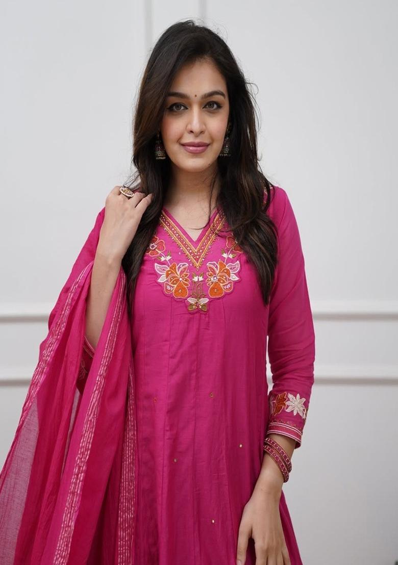 Pink Embroidery Cotton Kurta Set - Indya