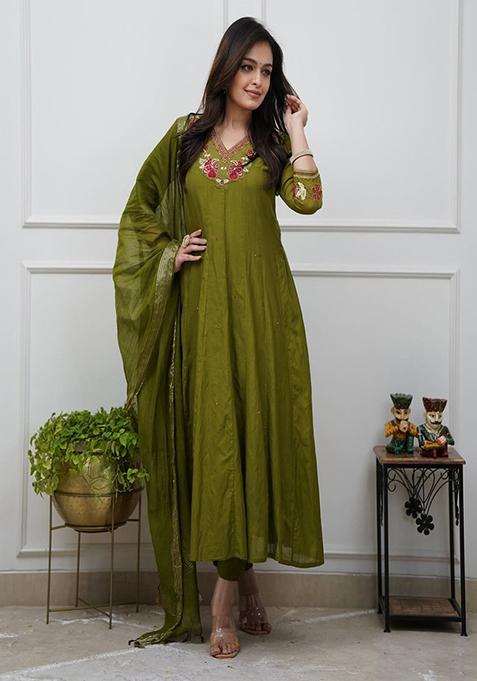 Green Embroidery Cotton Kurta Set