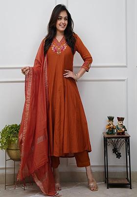 Orange Embroidery Cotton Kurta Set