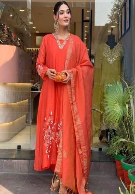 Orange Embroidery Silk Kurta Set