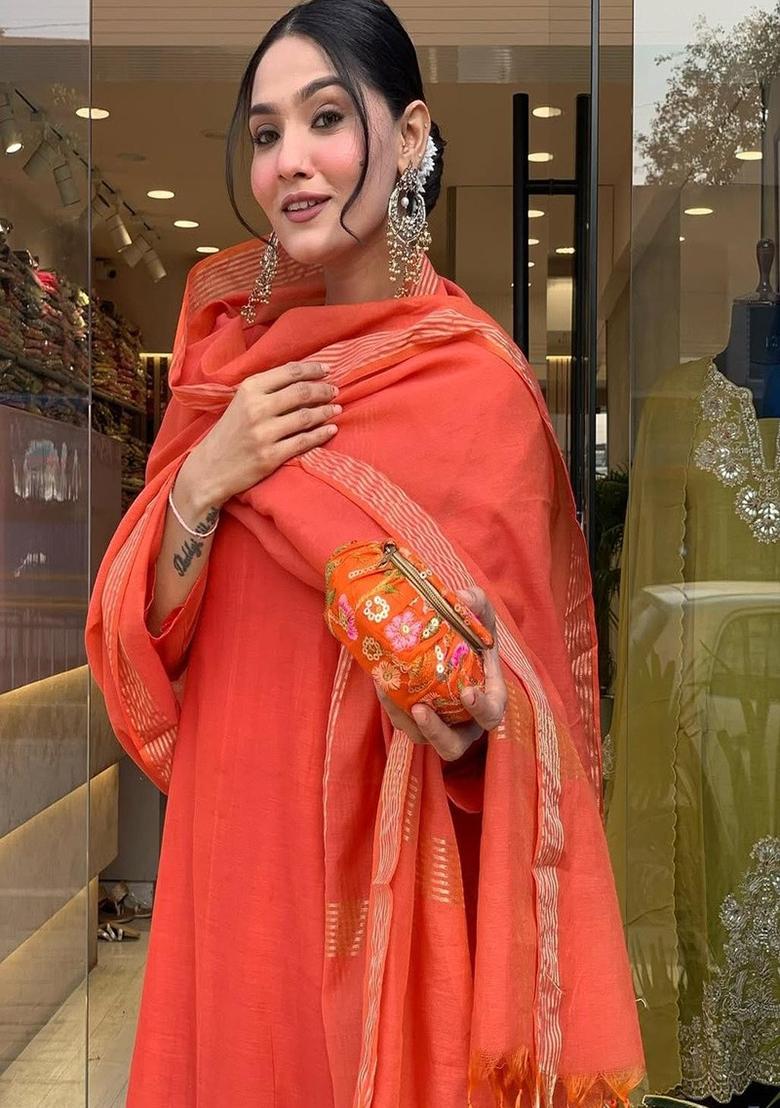 Orange Embroidery Silk Kurta Set - Indya