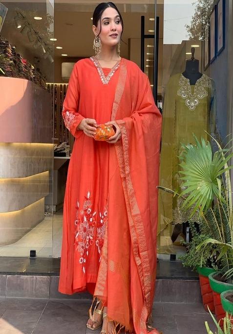 Orange Embroidery Silk Kurta Set