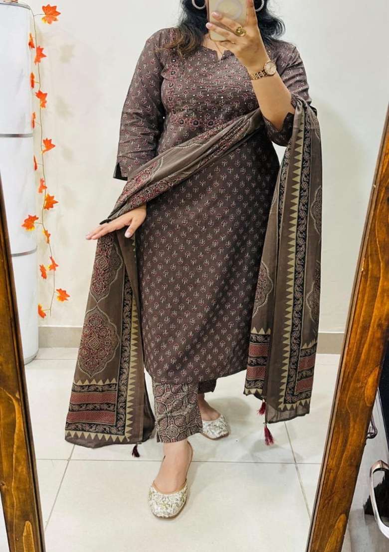 Brown Printed Cotton Kurta Set - Indya