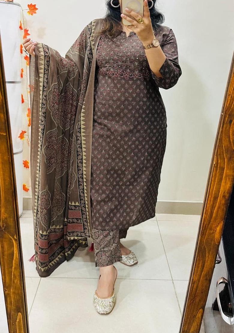 Brown Printed Cotton Kurta Set - Indya