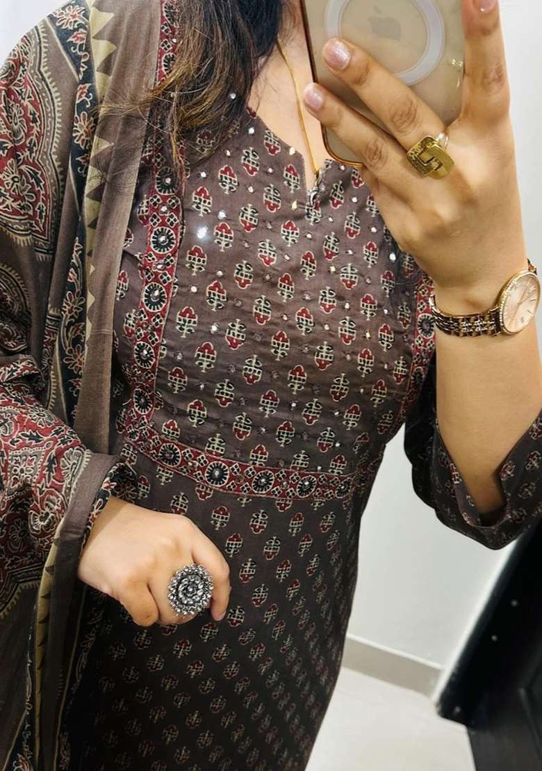 Brown Printed Cotton Kurta Set - Indya