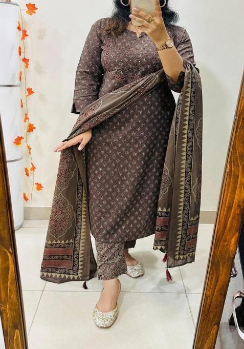 Brown Printed Cotton Kurta Set