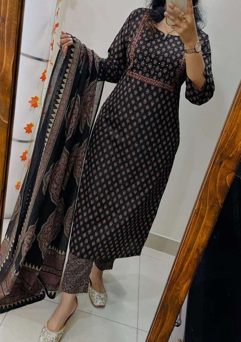 Black Printed Cotton Kurta Set - Indya