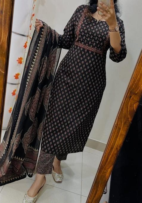 Black Printed Cotton Kurta Set