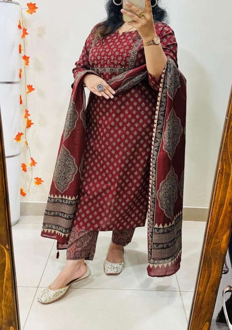 Red Printed Cotton Kurta Set - Indya