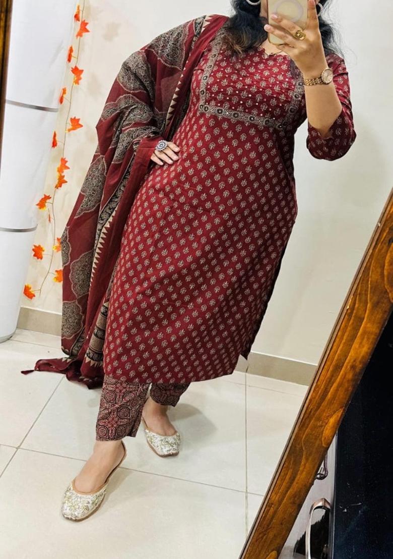 Red Printed Cotton Kurta Set - Indya