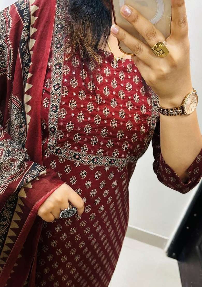 Red Printed Cotton Kurta Set - Indya
