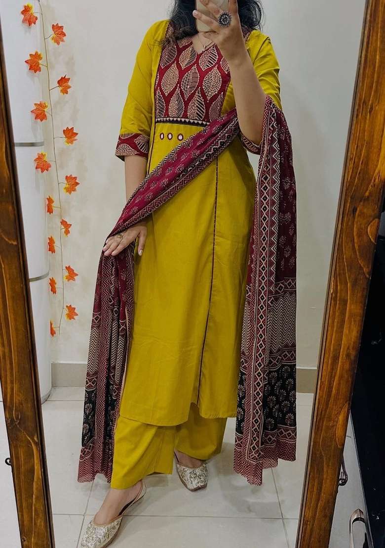 Yellow Printed Cotton Kurta Set - Indya