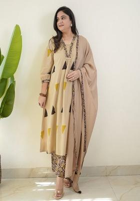 Cream Printed Cotton Kurta Set