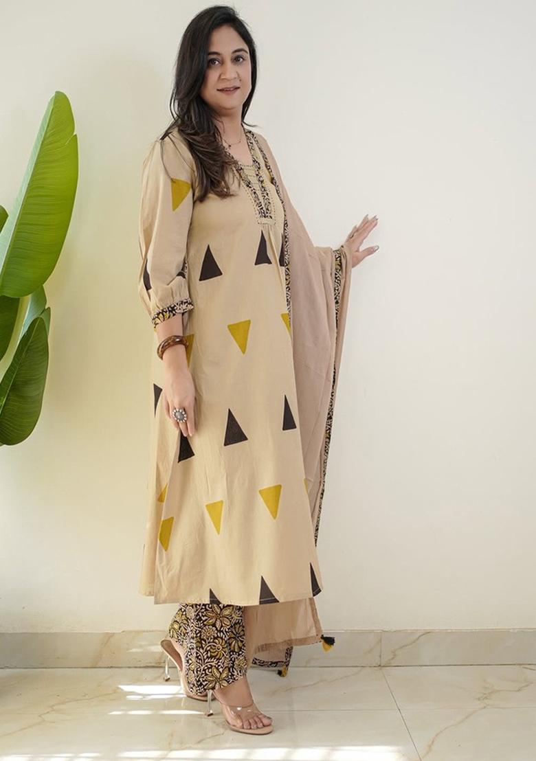 Cream Printed Cotton Kurta Set - Indya