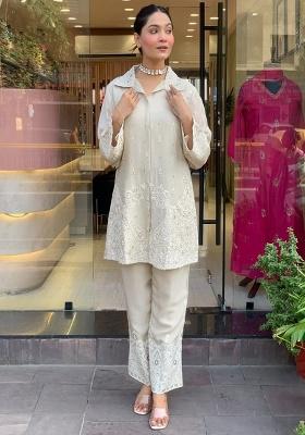 White Embroidery Silk Co Ord Set
