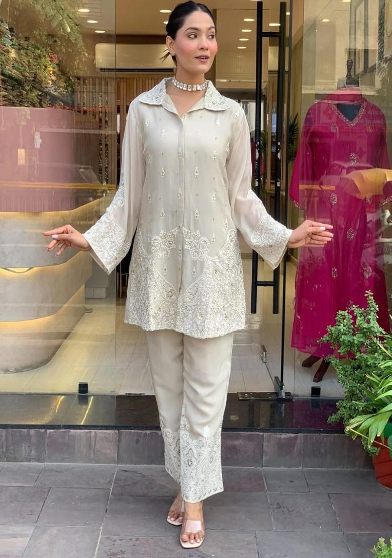 White Embroidery Silk Co Ord Set - Indya