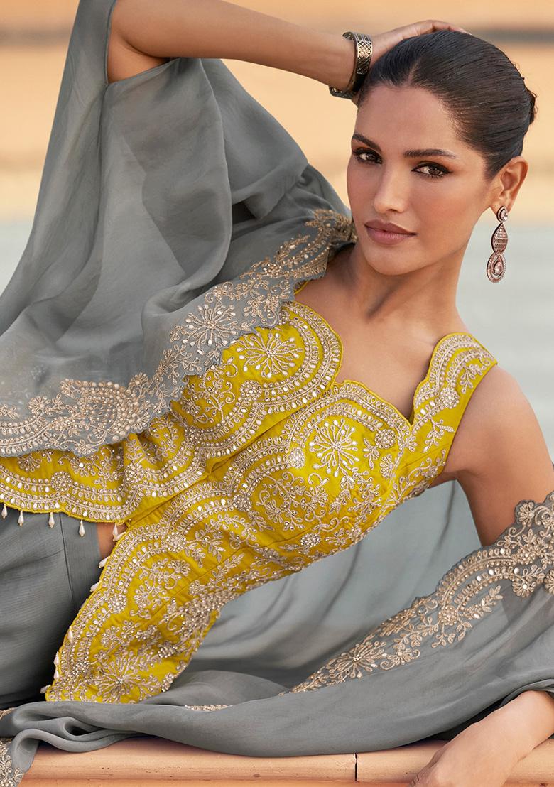 Yellow Embroidery Chinon Kurta Set - Indya