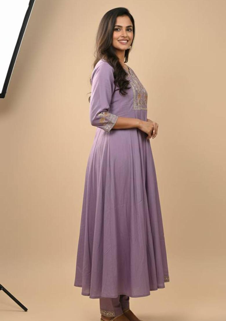 Lavender Embroidery Silk Kurta Set - Indya