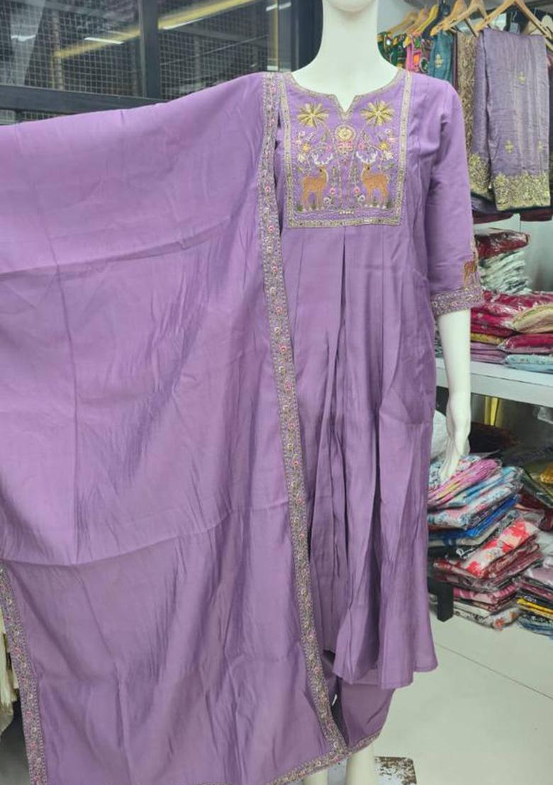 Lavender Embroidery Silk Kurta Set - Indya