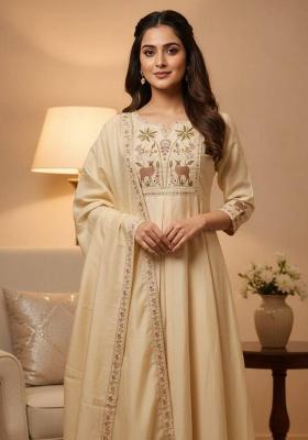 Cream Embroidery Silk Kurta Set