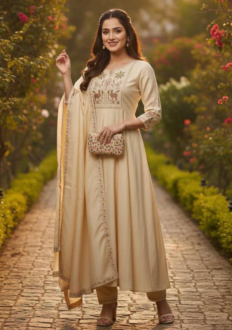 Cream Embroidery Silk Kurta Set - Indya