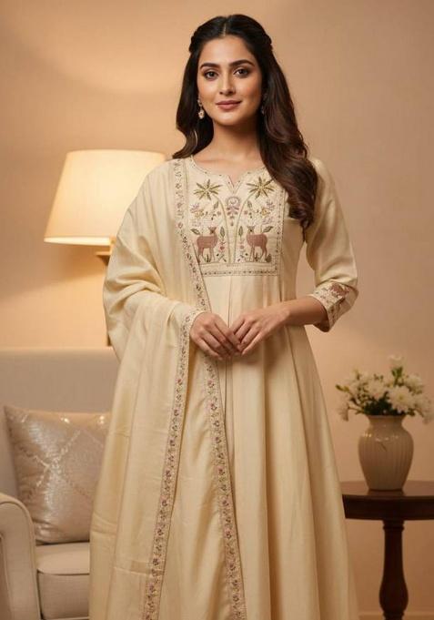 Cream Embroidery Silk Kurta Set