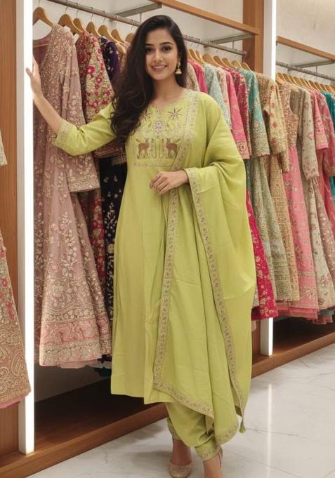 Pista Embroidery Silk Kurta Set